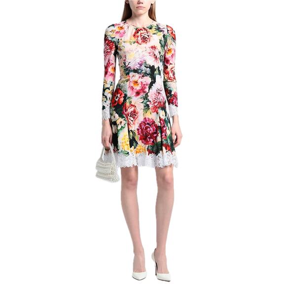 NWT Dolce & Gabbana Lace Trimmed Floral Crepe Mini Dress Multi IT 42 / M - Picture 2 of 11